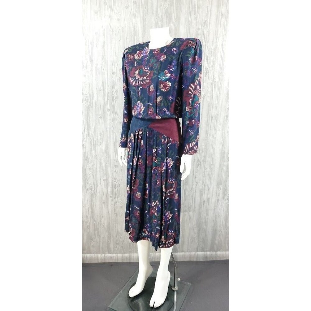 Vintage Midi Dress 80s Dress Floral Leather Suede Puff Shoulder Granny Chic